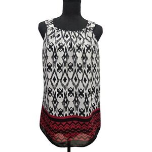 AB Studio Black White Red Ikat Print Top Large Sleeveless High Neck Boho